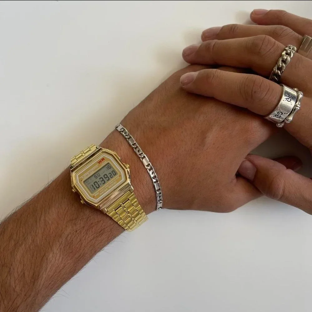 Y2K 2000s vintage retro gold stainless steel digital watch
